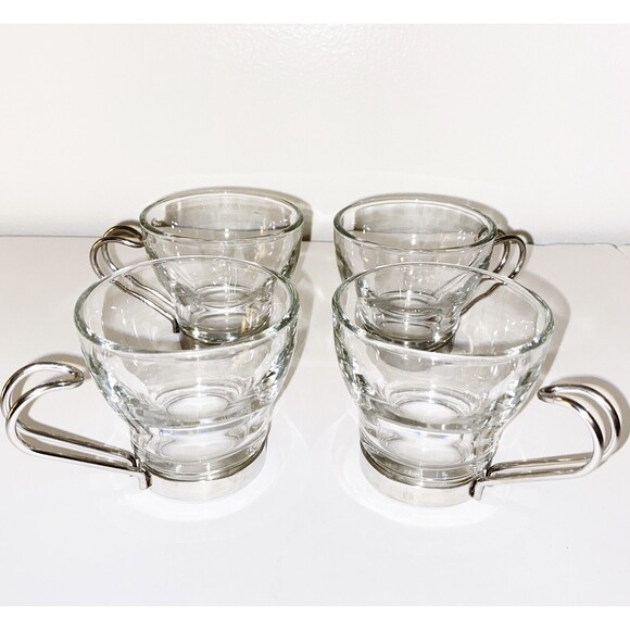 Bormioli Rocco Espresso Glasses Stainless Handles 4 Italian Espresso Cups - Picture 1 of 3
